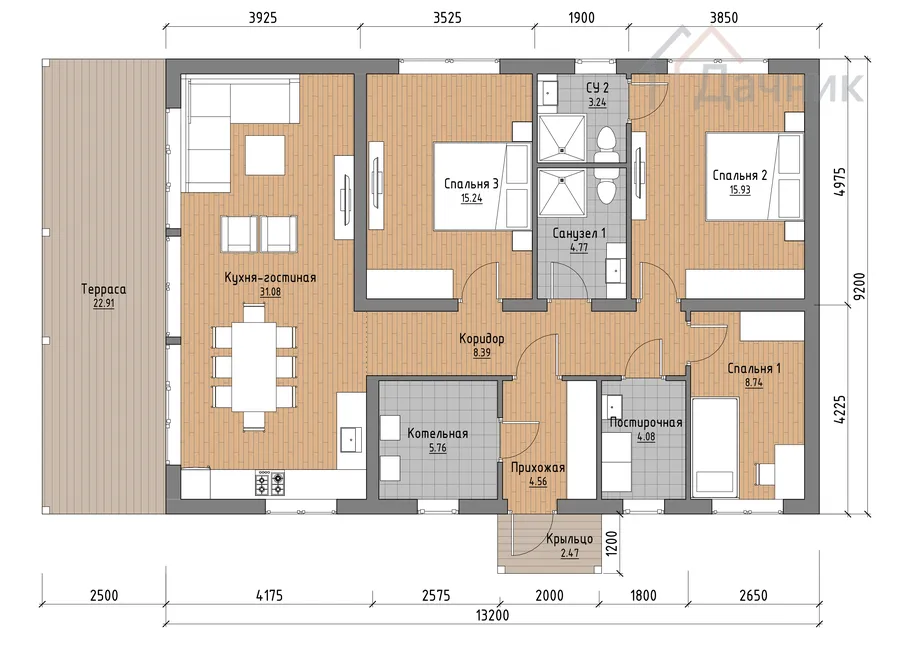Verona- План 1-го этажа с расстановкой мебели